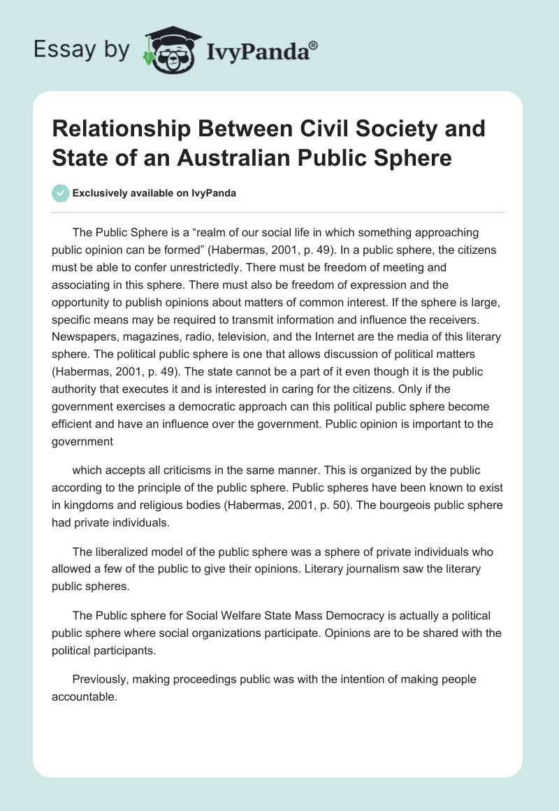Relationship Between Civil Society and State of an Australian Public Sphere. Page 1