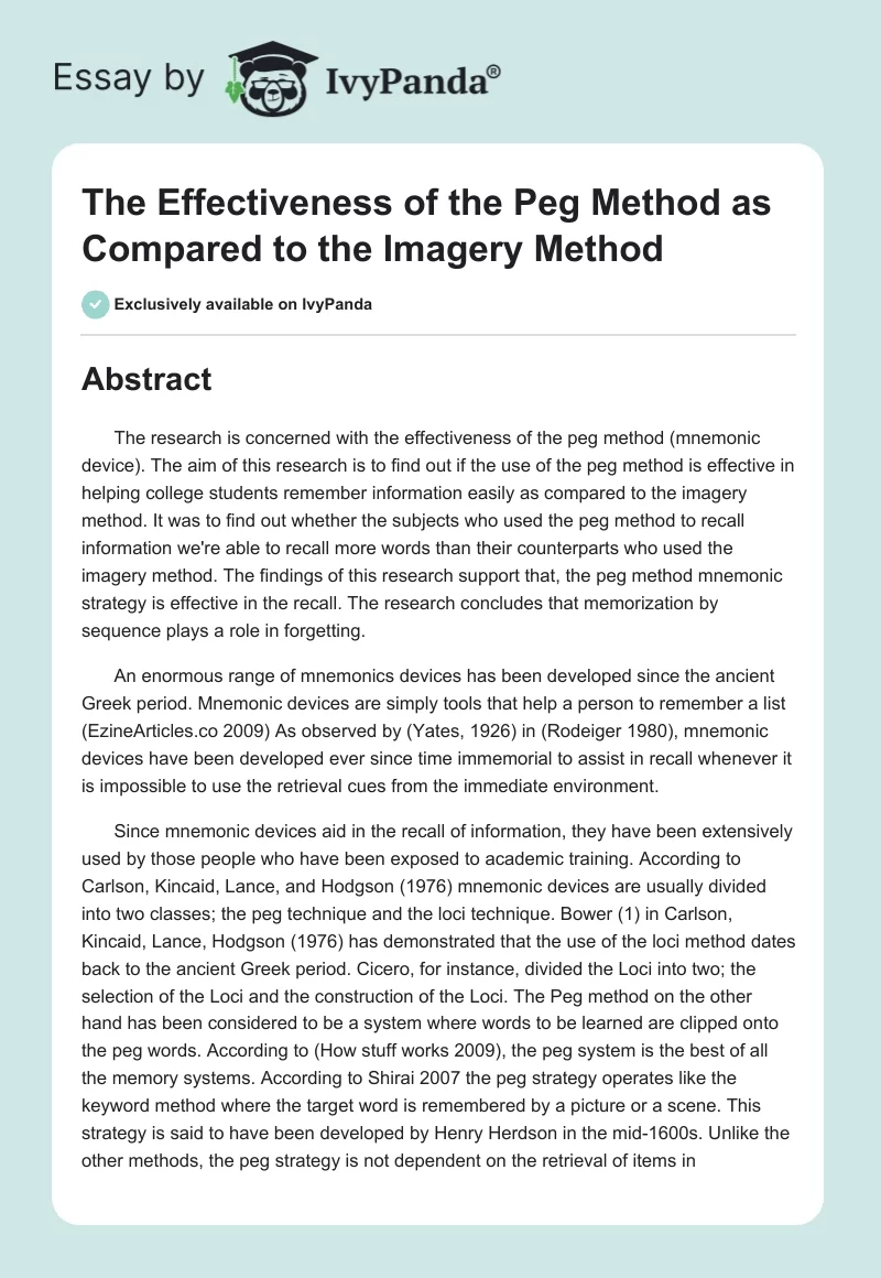 The Effectiveness of the Peg Method as Compared to the Imagery Method. Page 1
