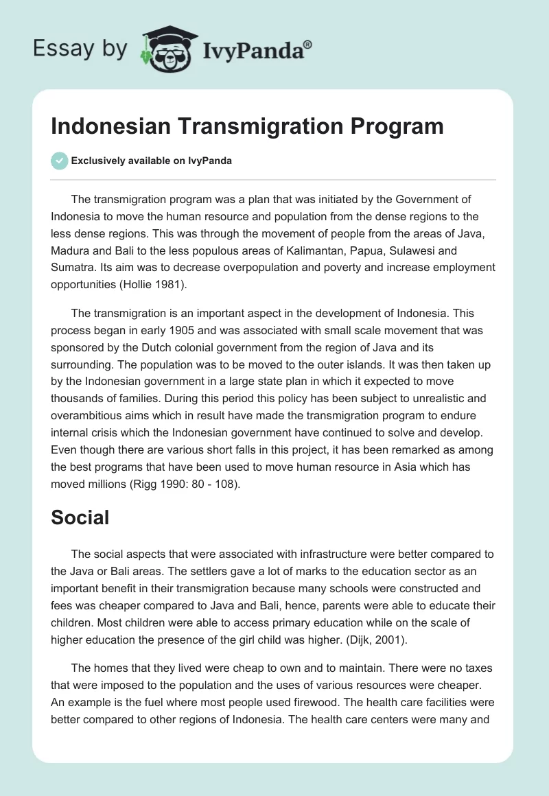 Indonesian Transmigration Program. Page 1