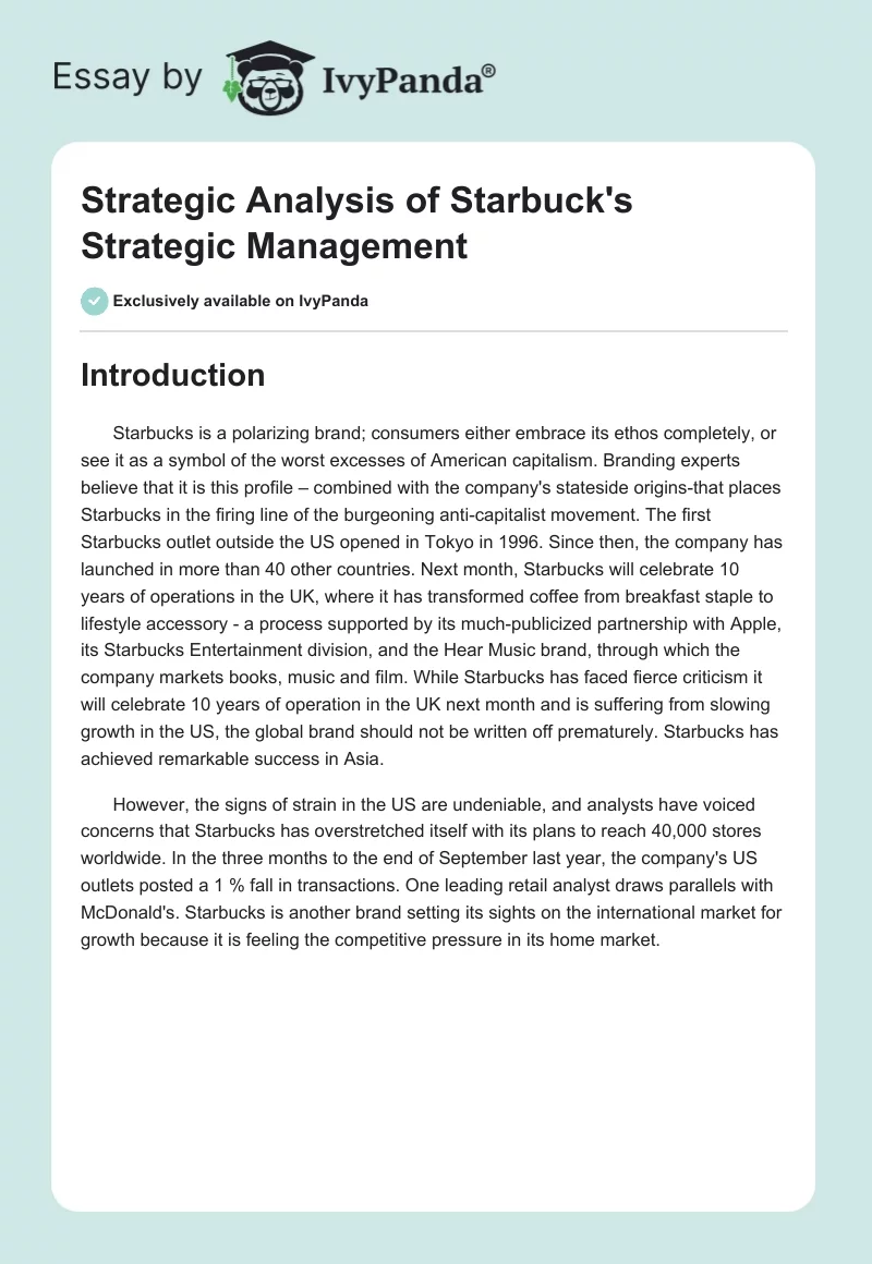 Strategic Analysis of Starbuck's Strategic Management. Page 1