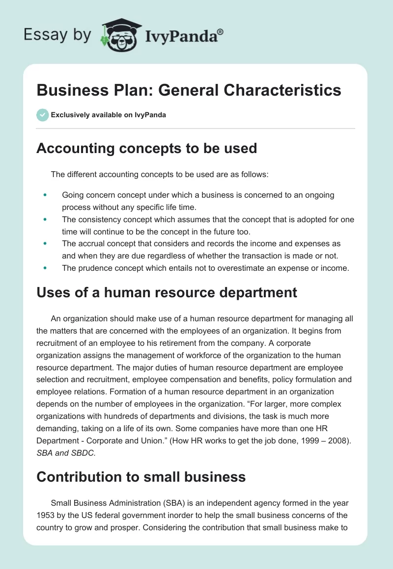 Business Plan: General Characteristics. Page 1