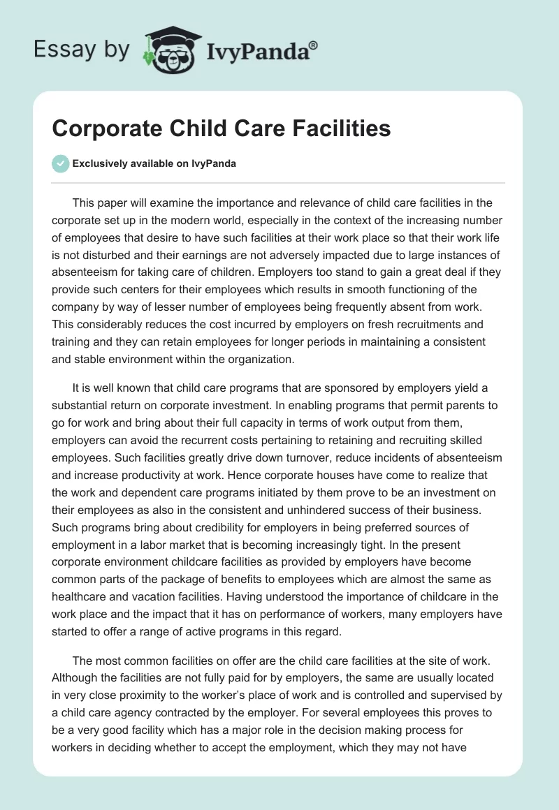 Corporate Child Care Facilities. Page 1