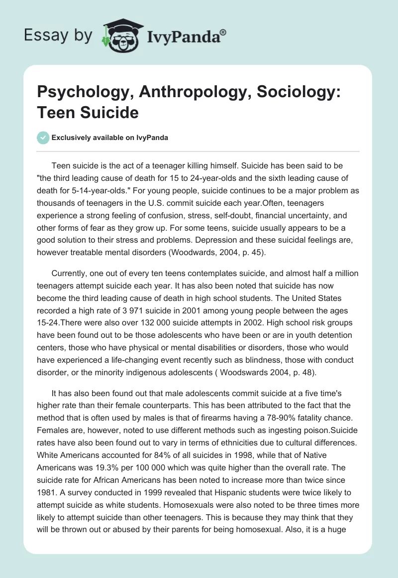 Psychology, Anthropology, Sociology: Teen Suicide. Page 1