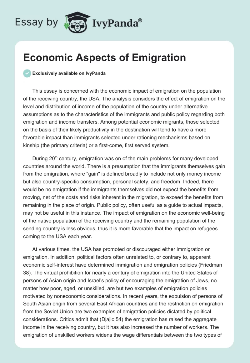 Economic Aspects of Emigration. Page 1