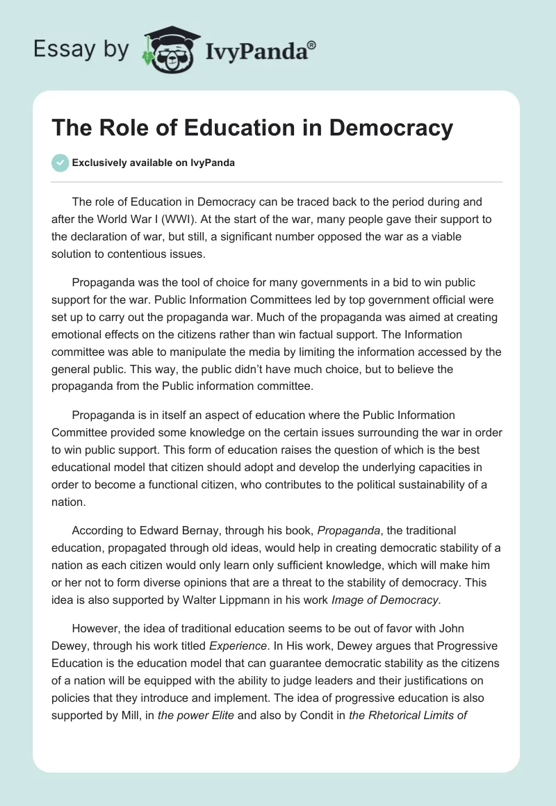The Role of Education in Democracy. Page 1