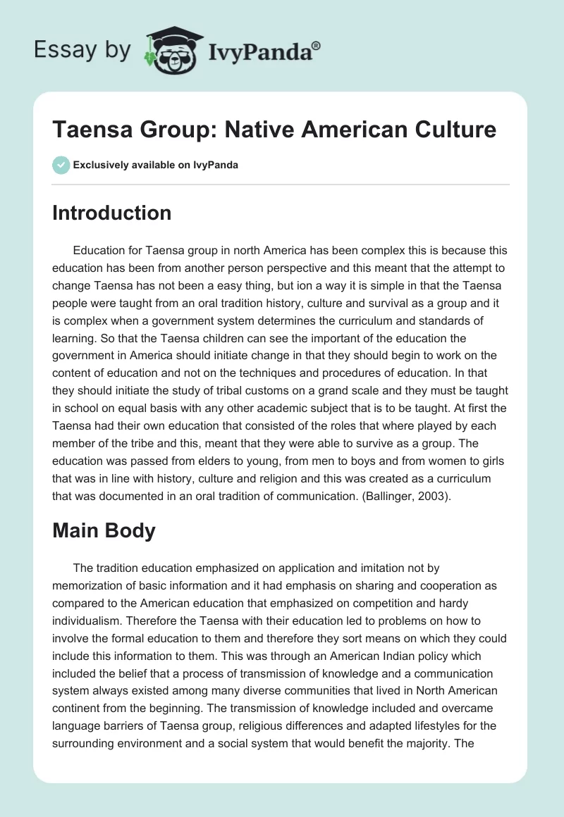 Taensa Group: Native American Culture. Page 1