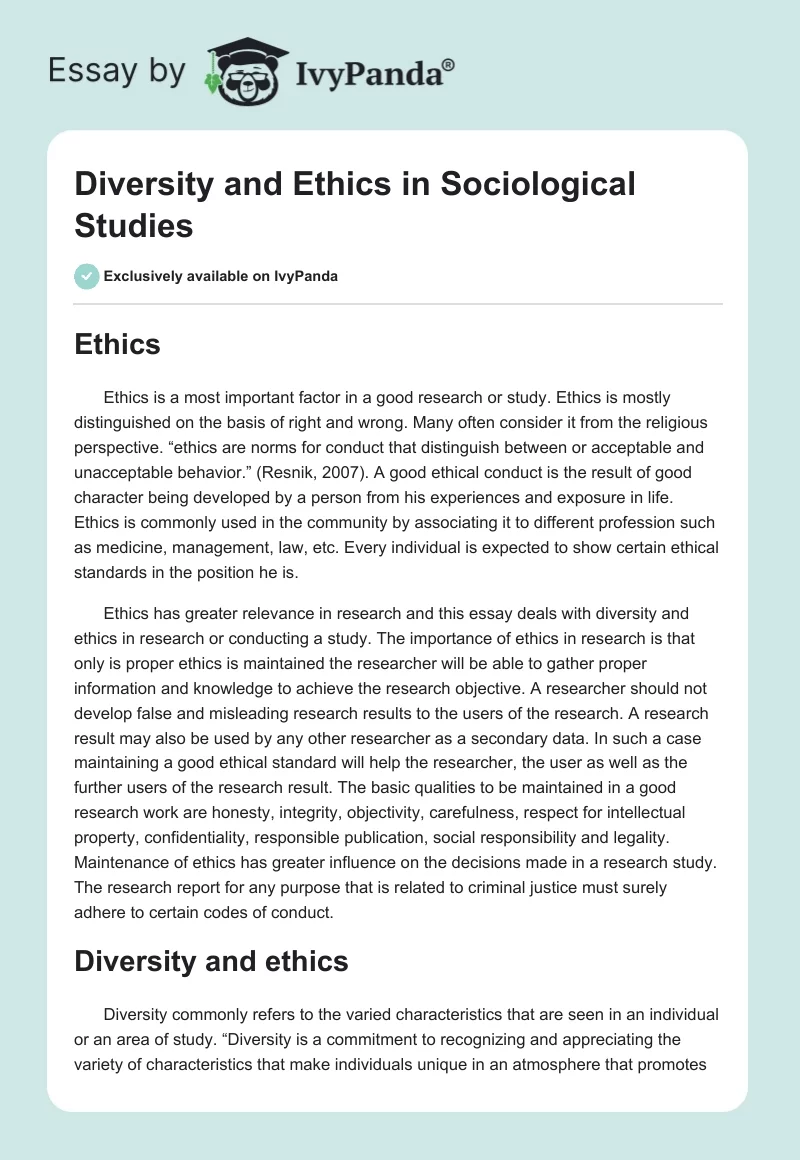 Diversity and Ethics in Sociological Studies. Page 1