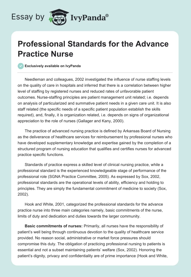 Professional Standards for the Advance Practice Nurse. Page 1