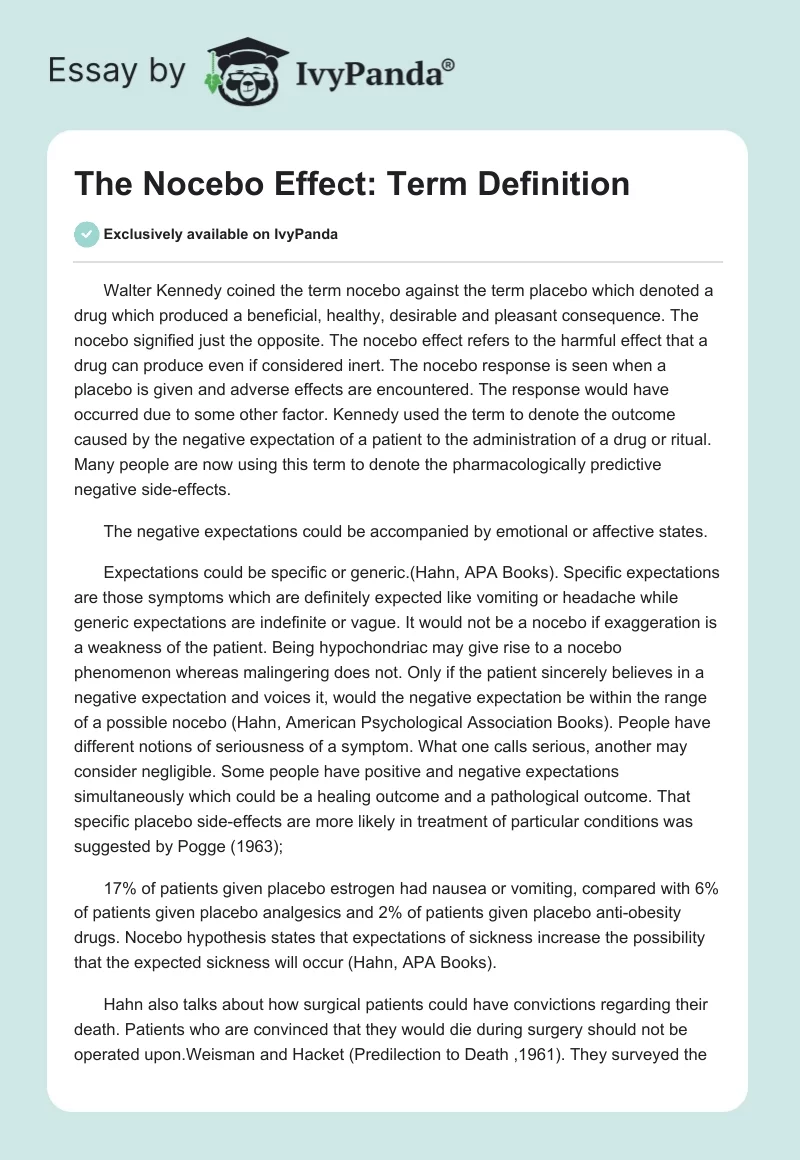 The Nocebo Effect: Term Definition. Page 1