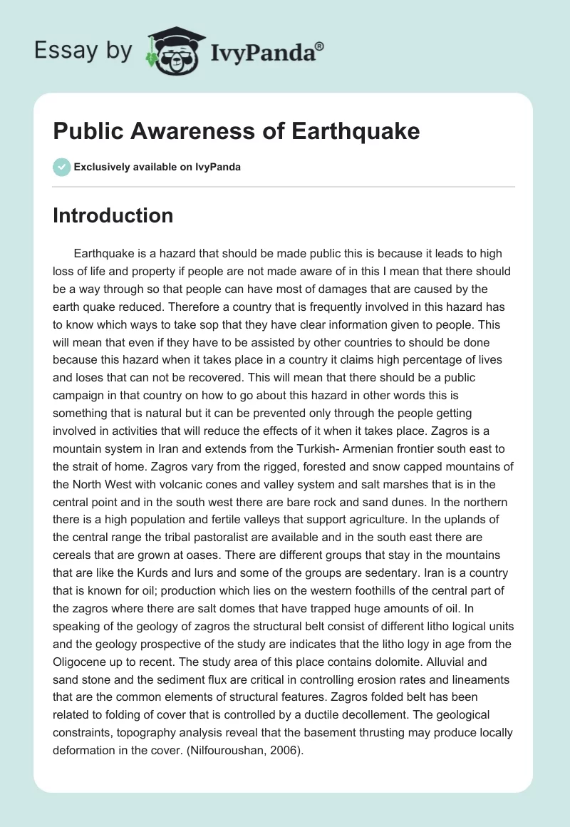 Public Awareness of Earthquake. Page 1