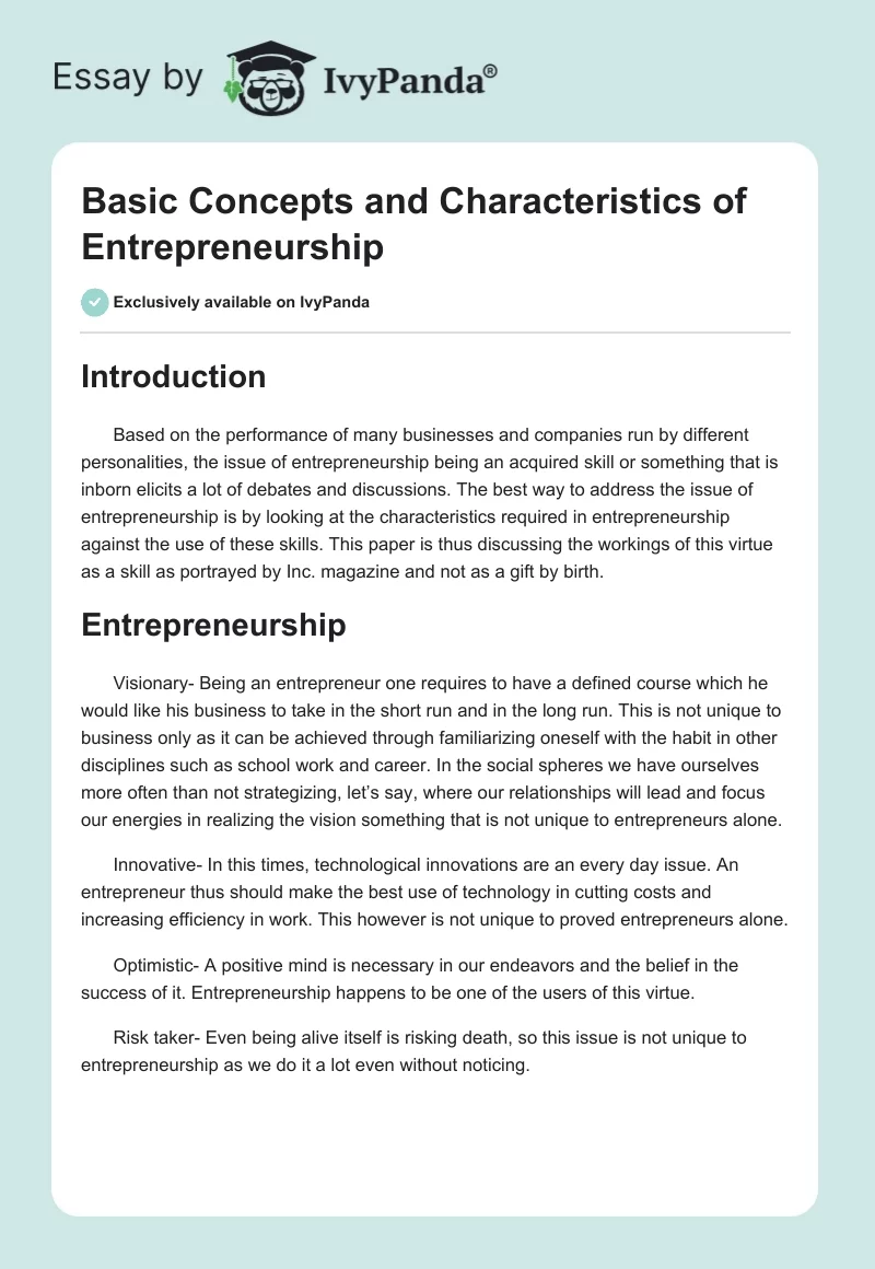 Basic Concepts and Characteristics of Entrepreneurship. Page 1