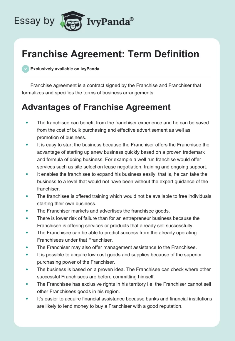 Franchise Agreement: Term Definition. Page 1