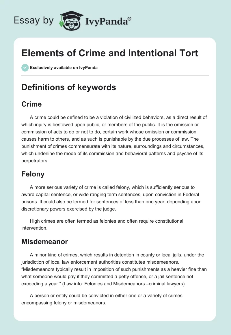 Elements of Crime and Intentional Tort. Page 1