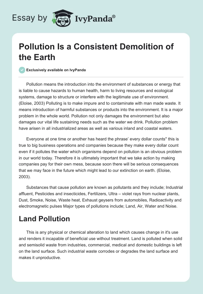 Pollution Is a Consistent Demolition of the Earth. Page 1