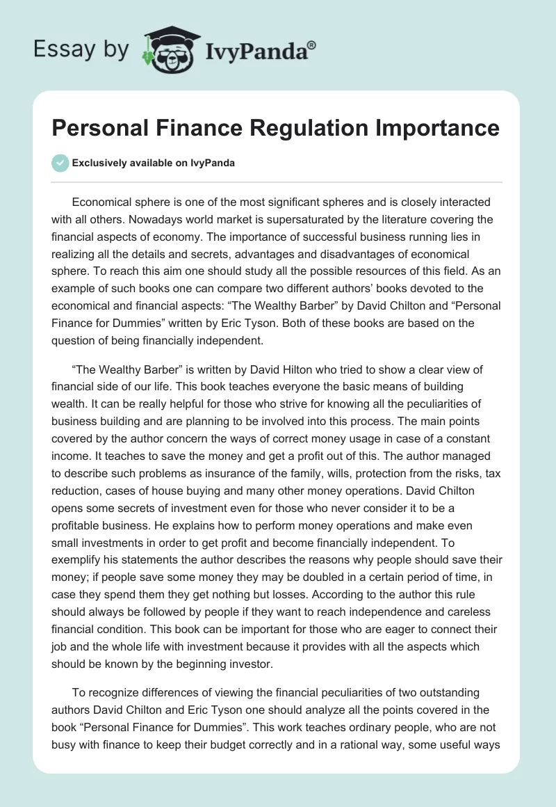Personal Finance Regulation Importance. Page 1