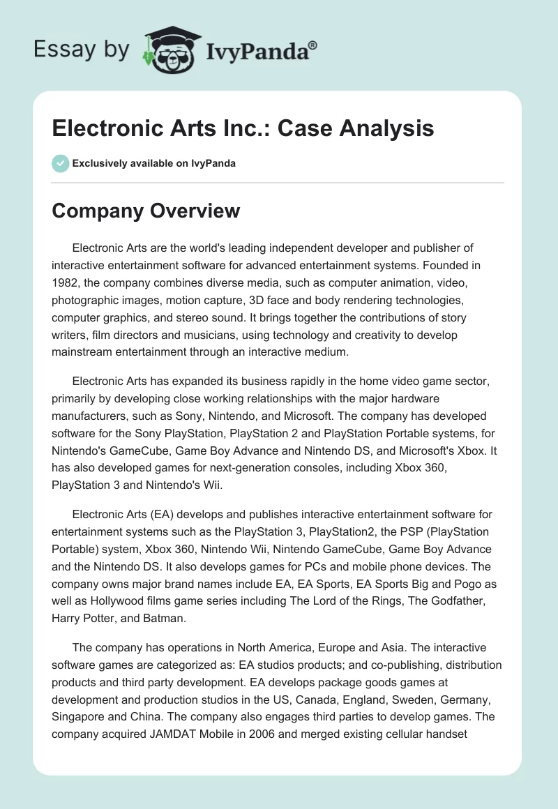 Electronic Arts Inc.: Case Analysis. Page 1