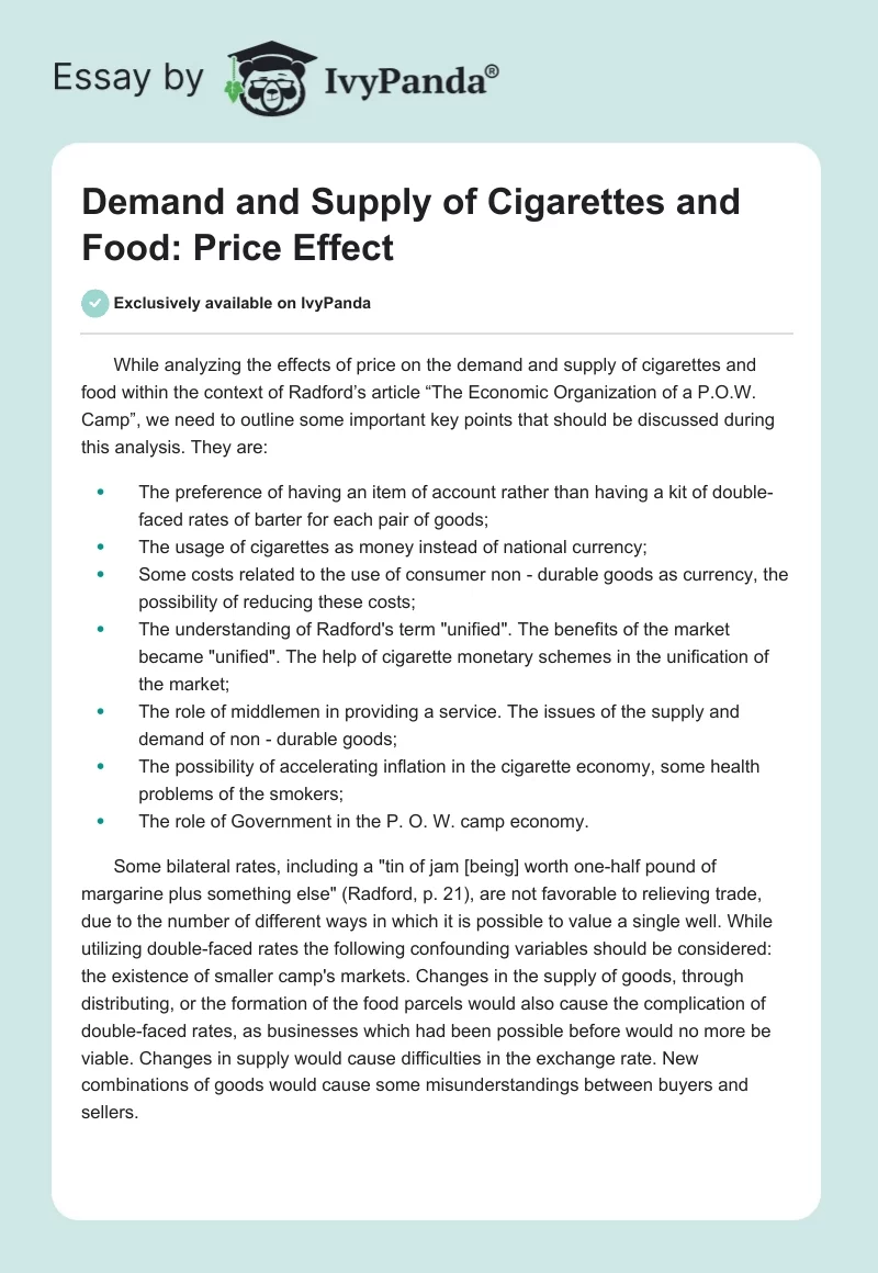 Demand and Supply of Cigarettes and Food: Price Effect. Page 1