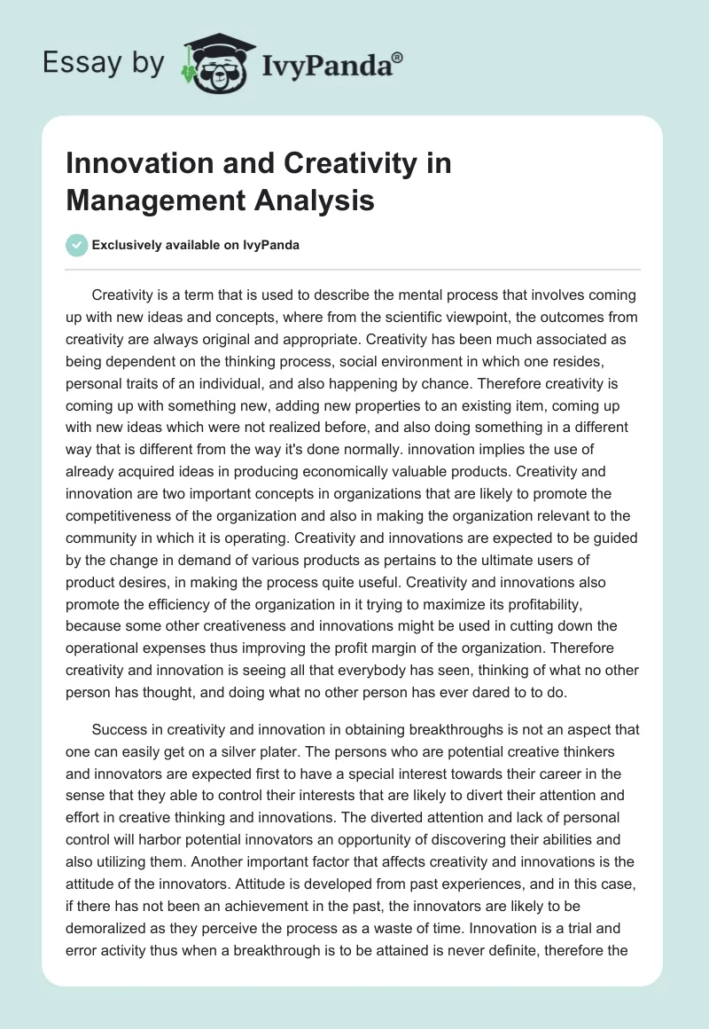 Innovation and Creativity in Management Analysis. Page 1