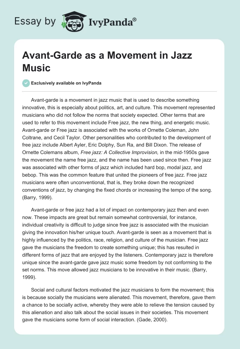 Avant-Garde as a Movement in Jazz Music. Page 1