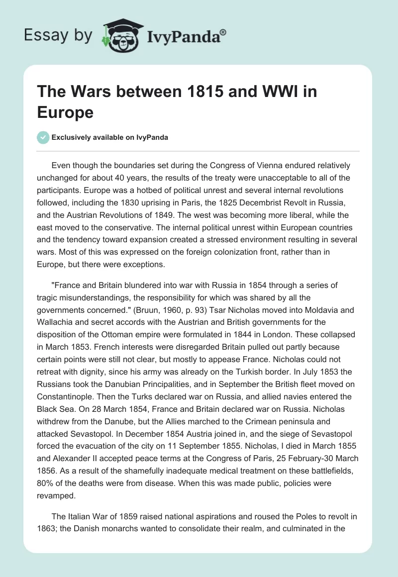 The Wars Between 1815 and WWI in Europe. Page 1