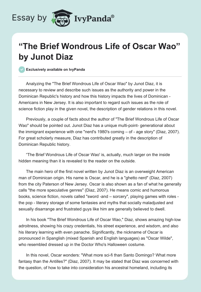 “The Brief Wondrous Life of Oscar Wao” by Junot Diaz. Page 1