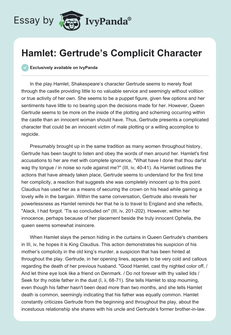 Hamlet: Gertrude’s Complicit Character. Page 1