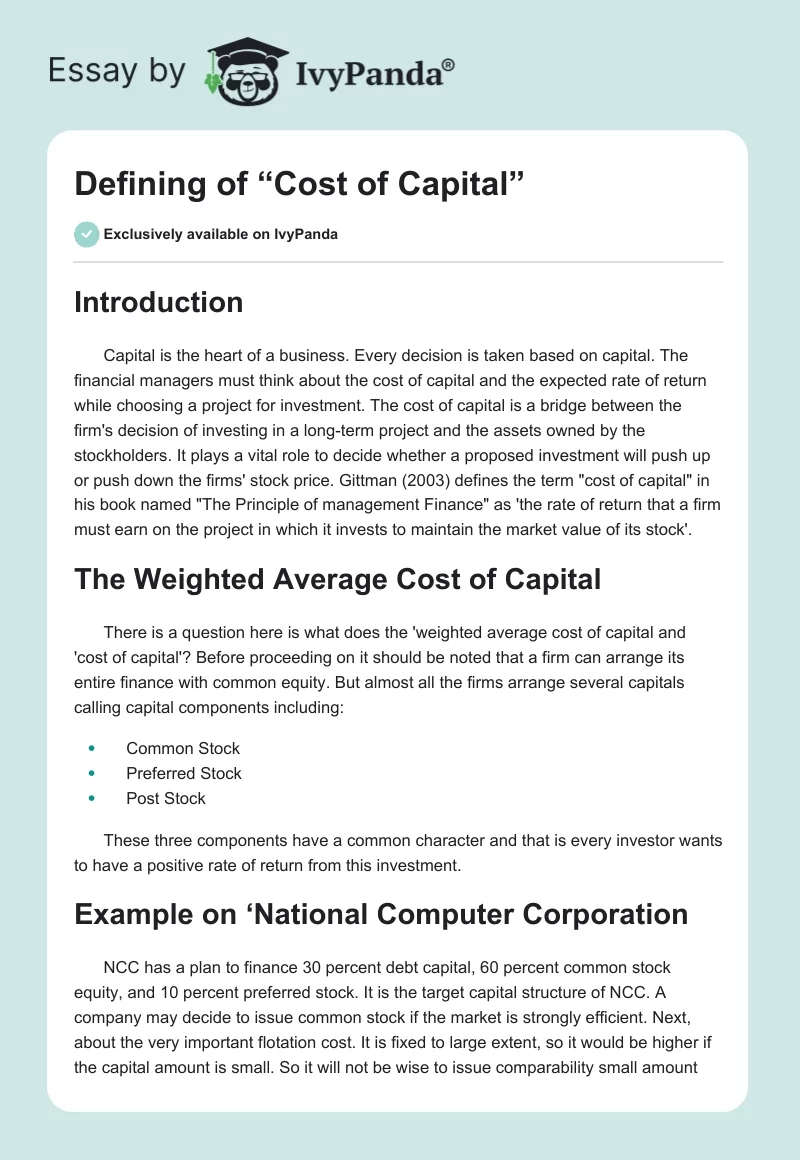 Defining of “Cost of Capital”. Page 1
