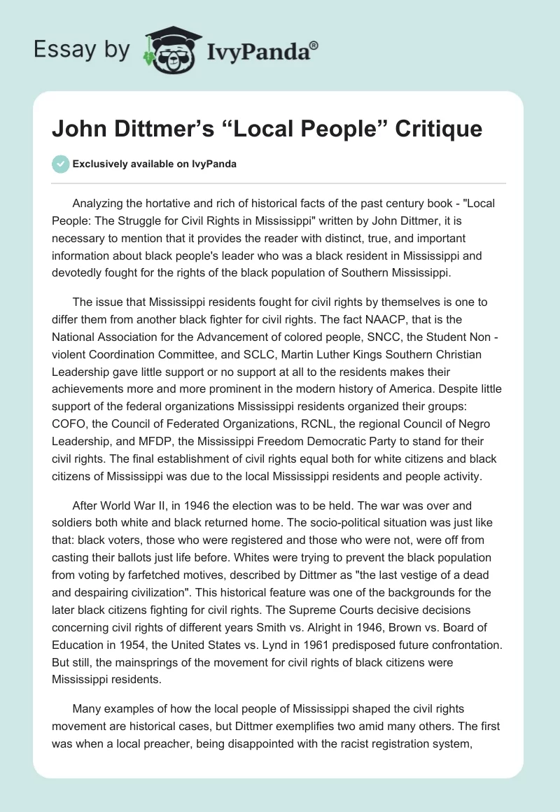 John Dittmer’s “Local People” Critique. Page 1