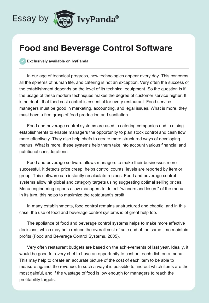 Food and Beverage Control Software. Page 1