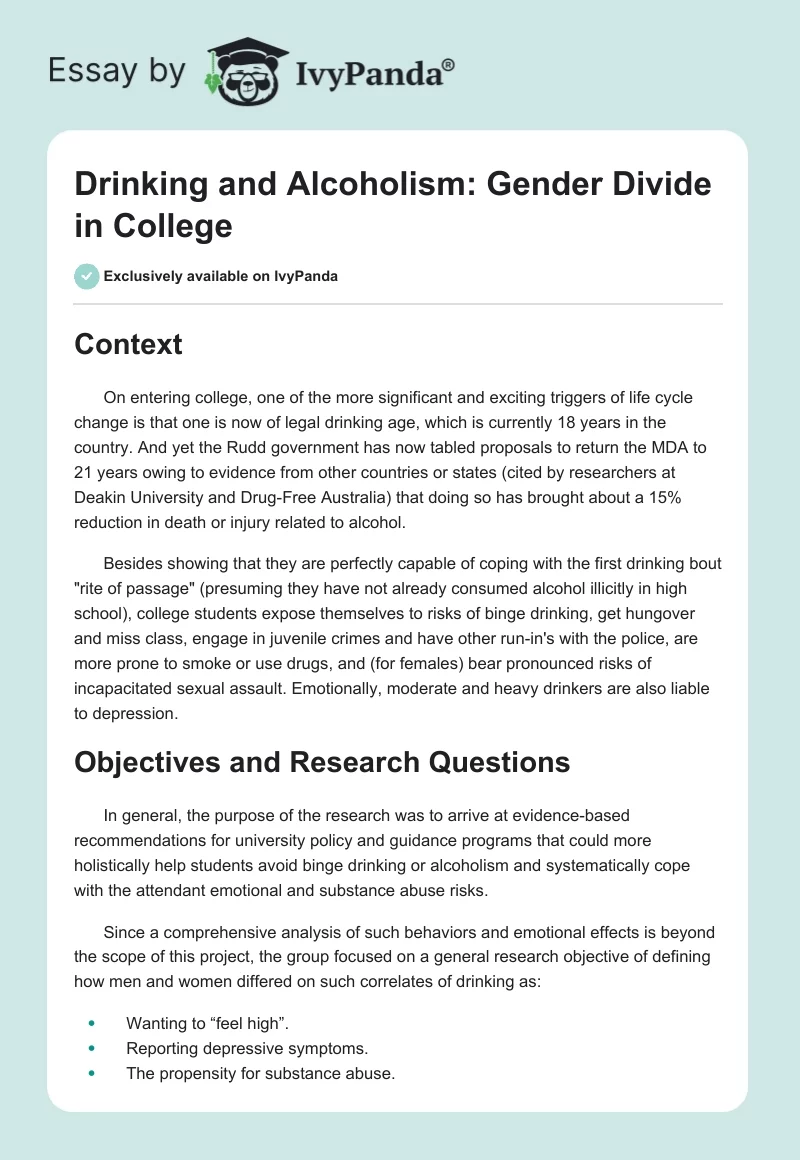Drinking and Alcoholism: Gender Divide in College. Page 1
