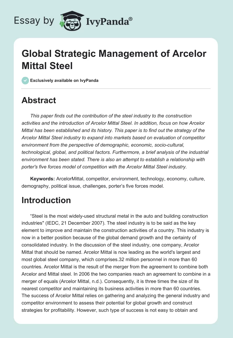 Global Strategic Management of Arcelor Mittal Steel. Page 1