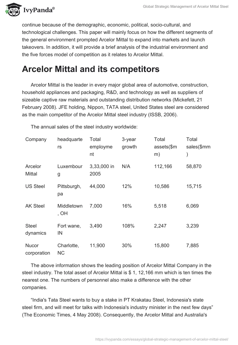 Global Strategic Management of Arcelor Mittal Steel. Page 2