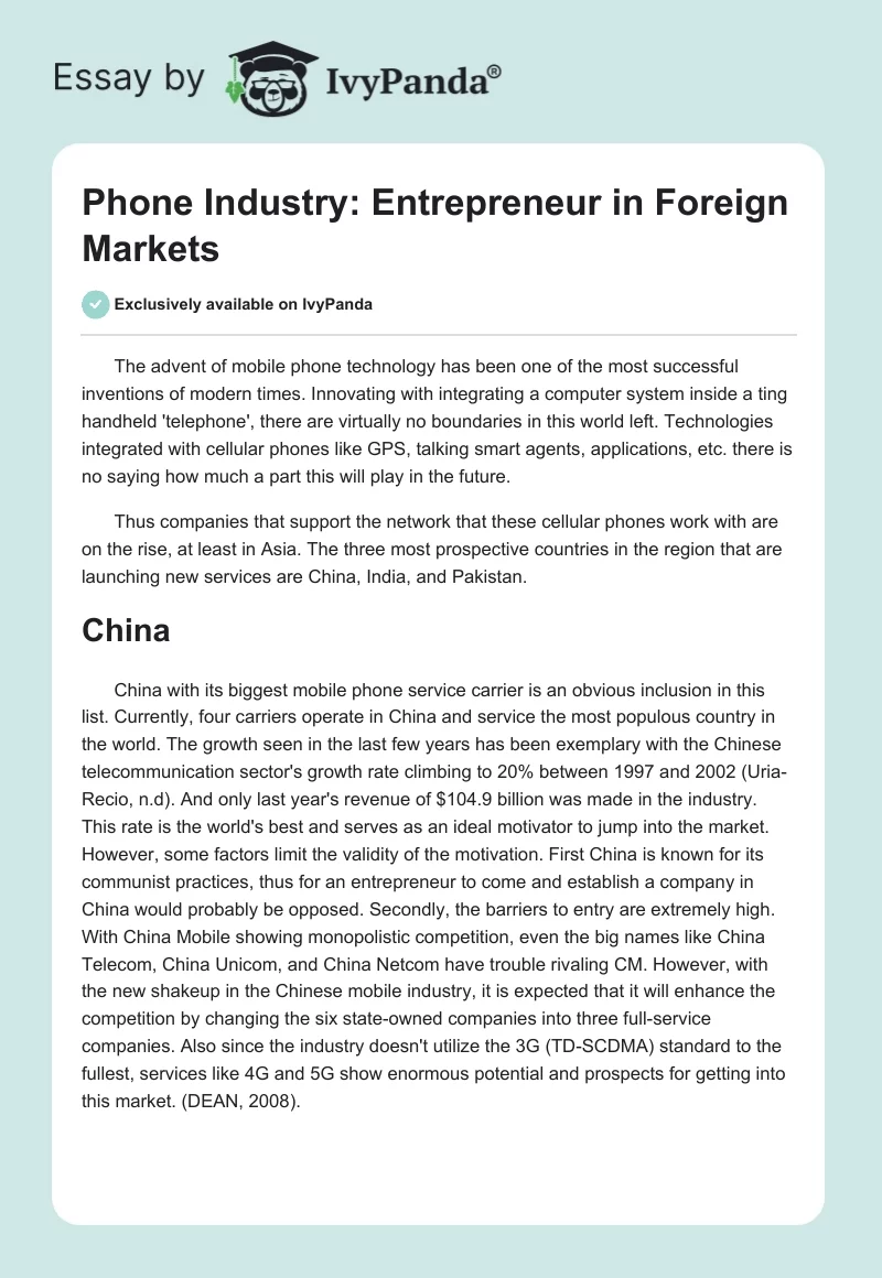 Phone Industry: Entrepreneur in Foreign Markets. Page 1