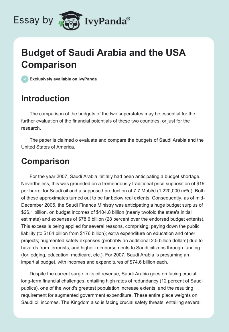Budget of Saudi Arabia and the USA Comparison. Page 1