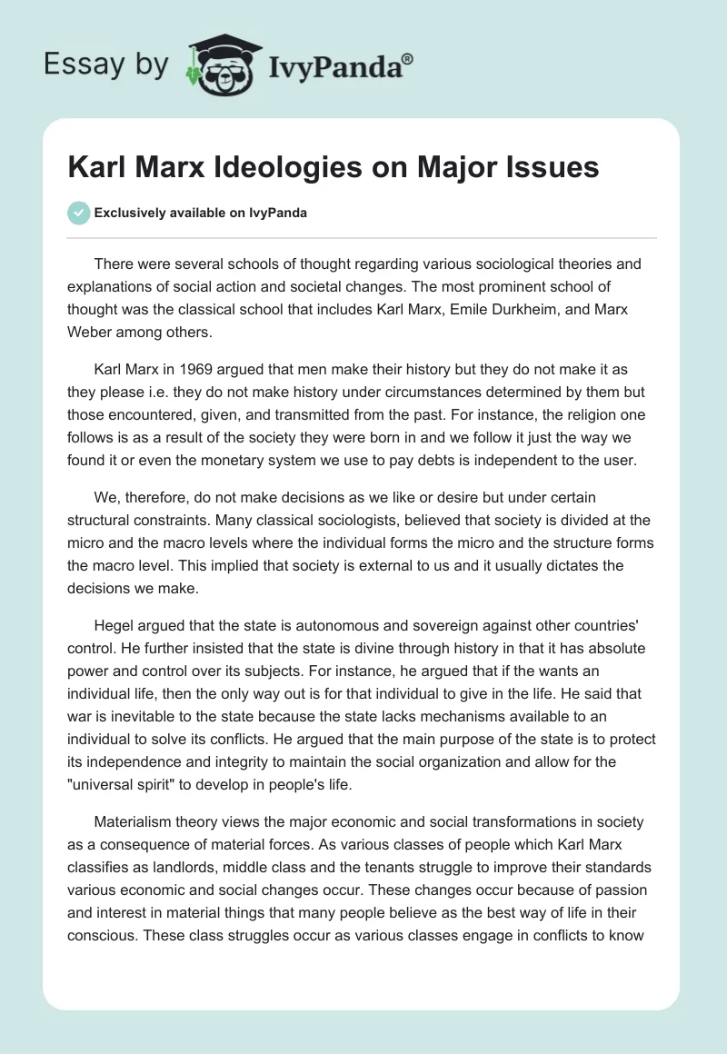 Karl Marx Ideologies on Major Issues. Page 1