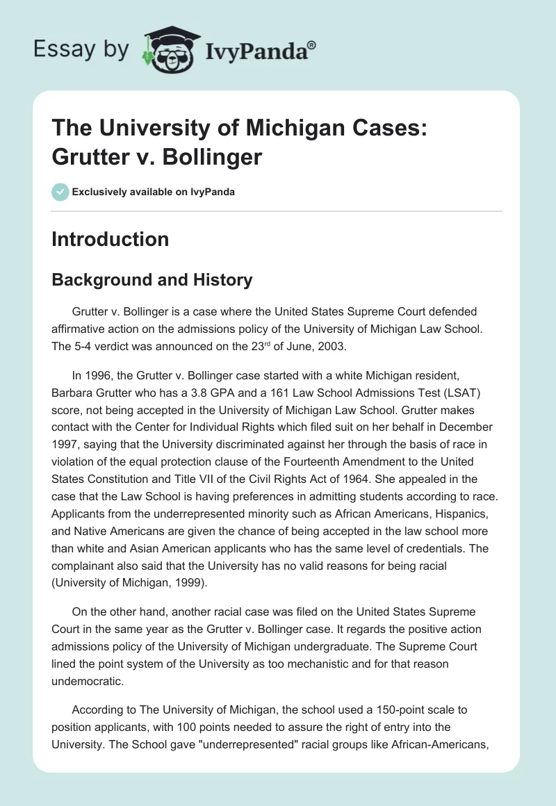 The University of Michigan Cases: Grutter v. Bollinger. Page 1