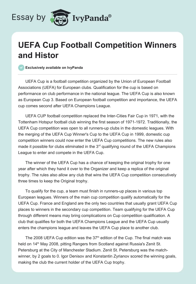 UEFA Cup Football Competition Winners and Histor. Page 1
