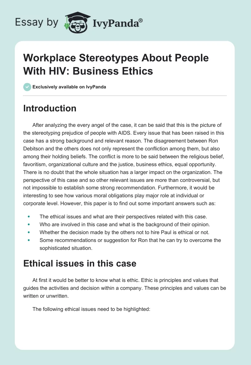 Workplace Stereotypes About People With HIV: Business Ethics. Page 1