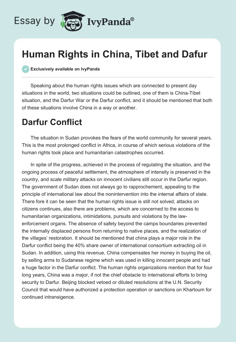 Human Rights in China, Tibet and Dafur. Page 1