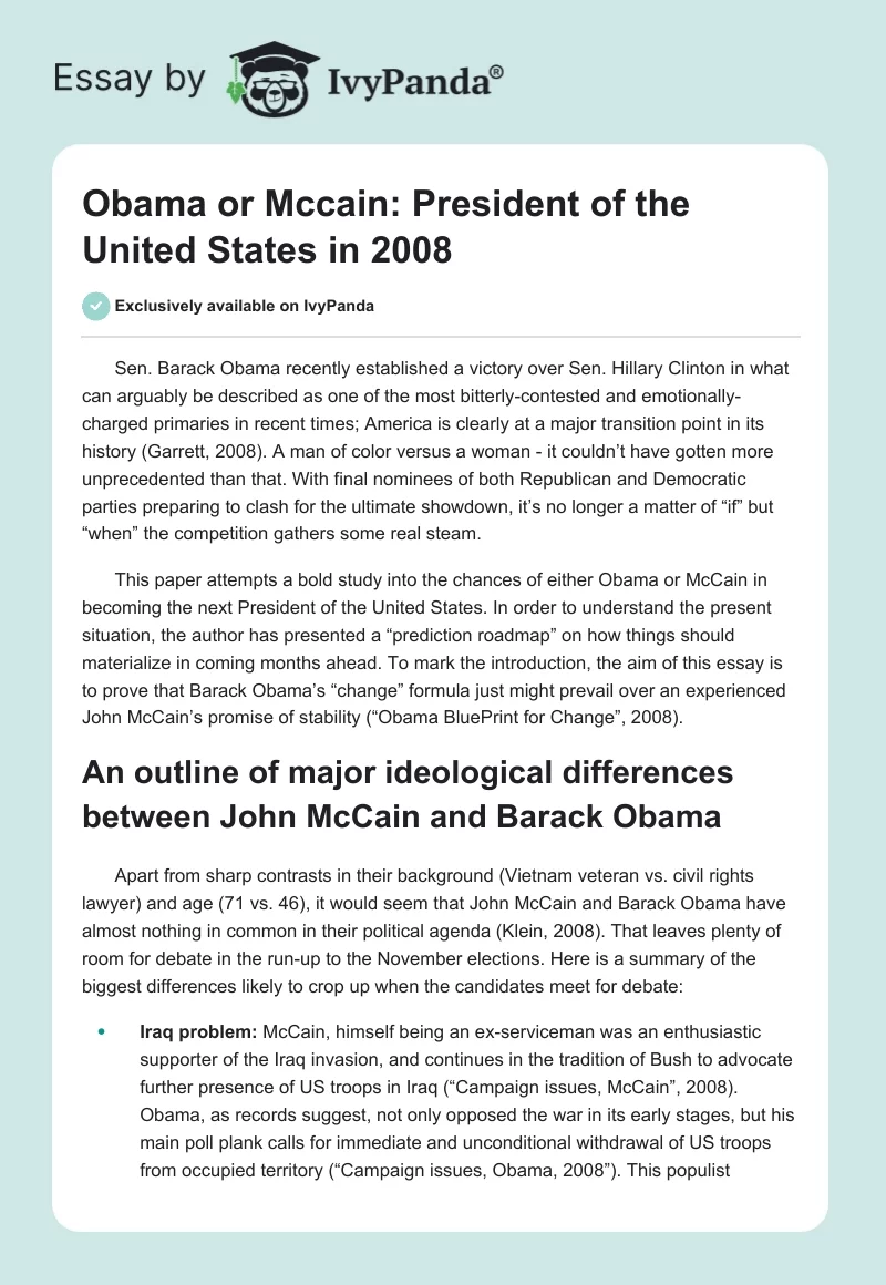 Obama or Mccain: President of the United States in 2008. Page 1