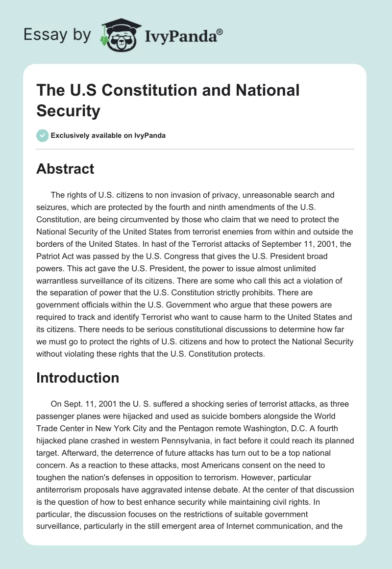 The U.S Constitution and National Security. Page 1