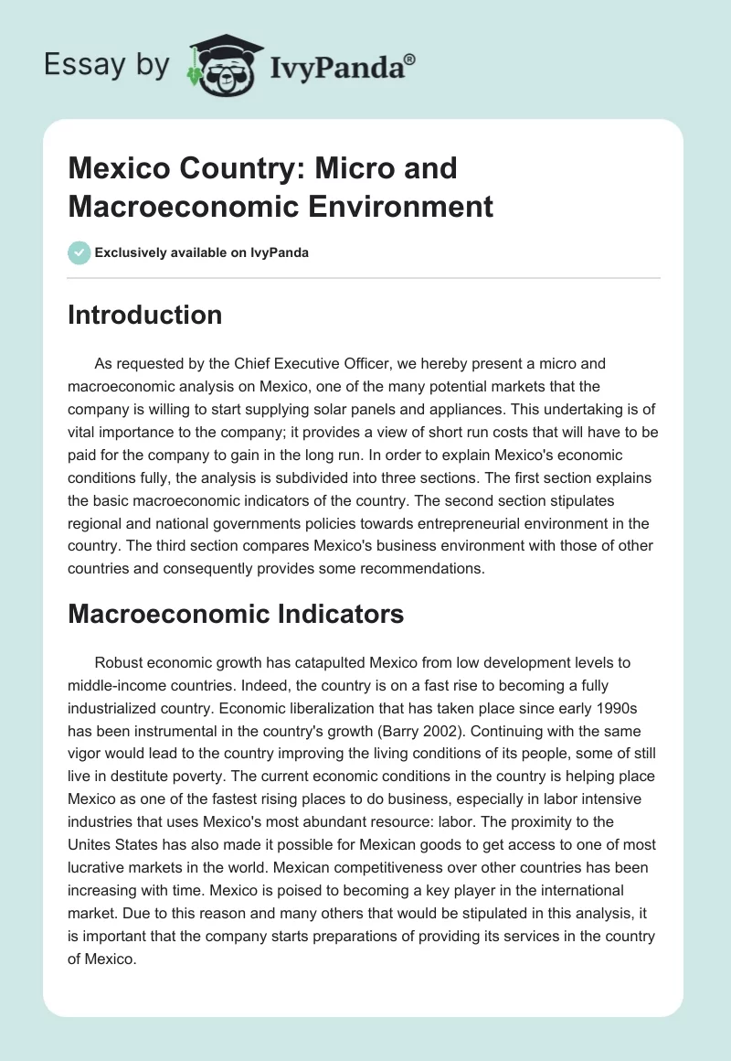 Mexico Country: Micro and Macroeconomic Environment. Page 1