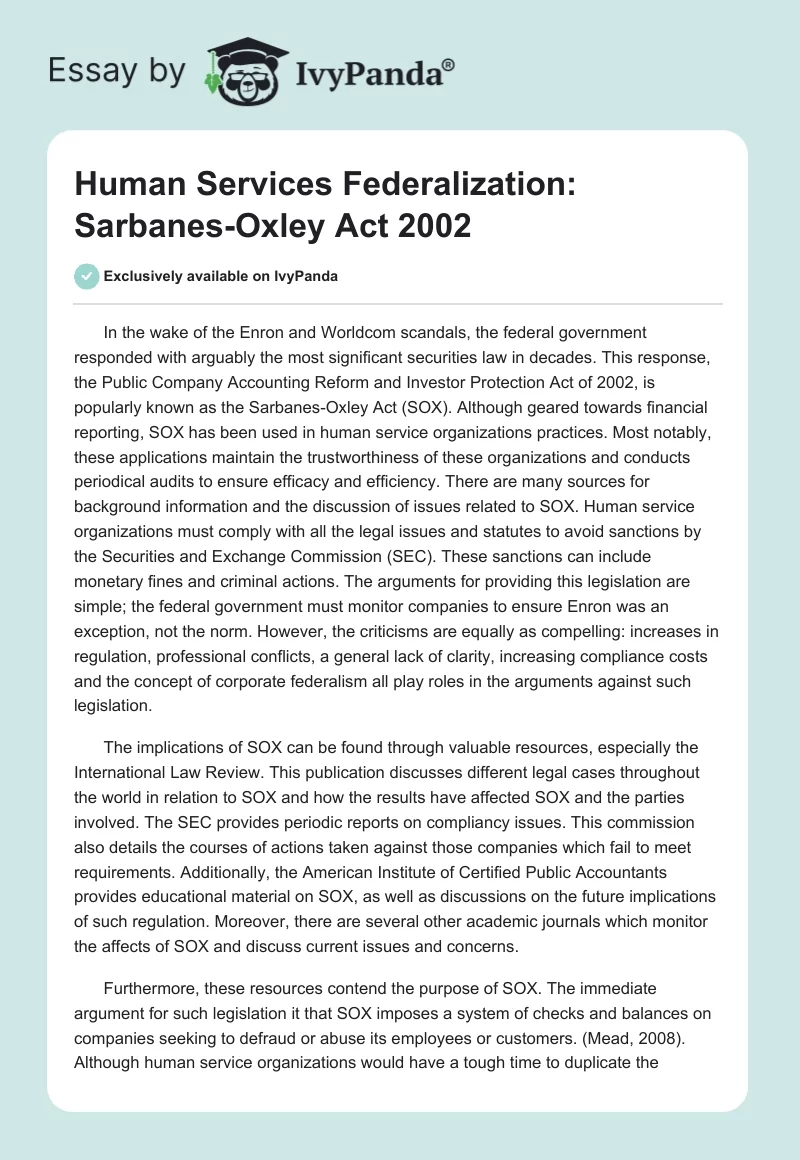 Human Services Federalization: Sarbanes-Oxley Act 2002. Page 1