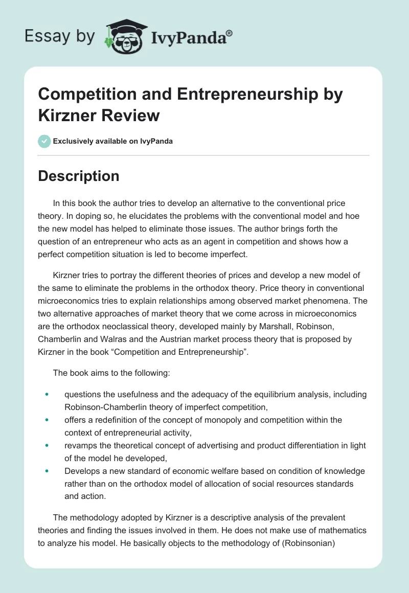 Competition and Entrepreneurship by Kirzner Review. Page 1