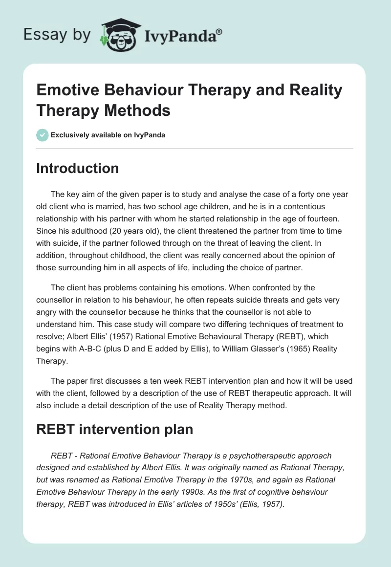 Emotive Behaviour Therapy and Reality Therapy Methods. Page 1