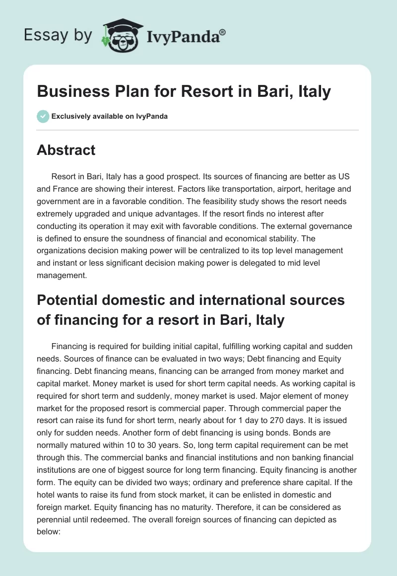 Business Plan for Resort in Bari, Italy. Page 1