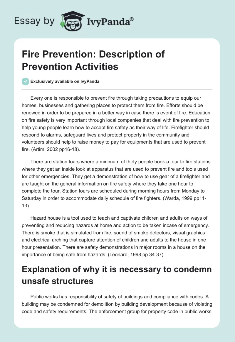 Fire Prevention: Description of Prevention Activities. Page 1