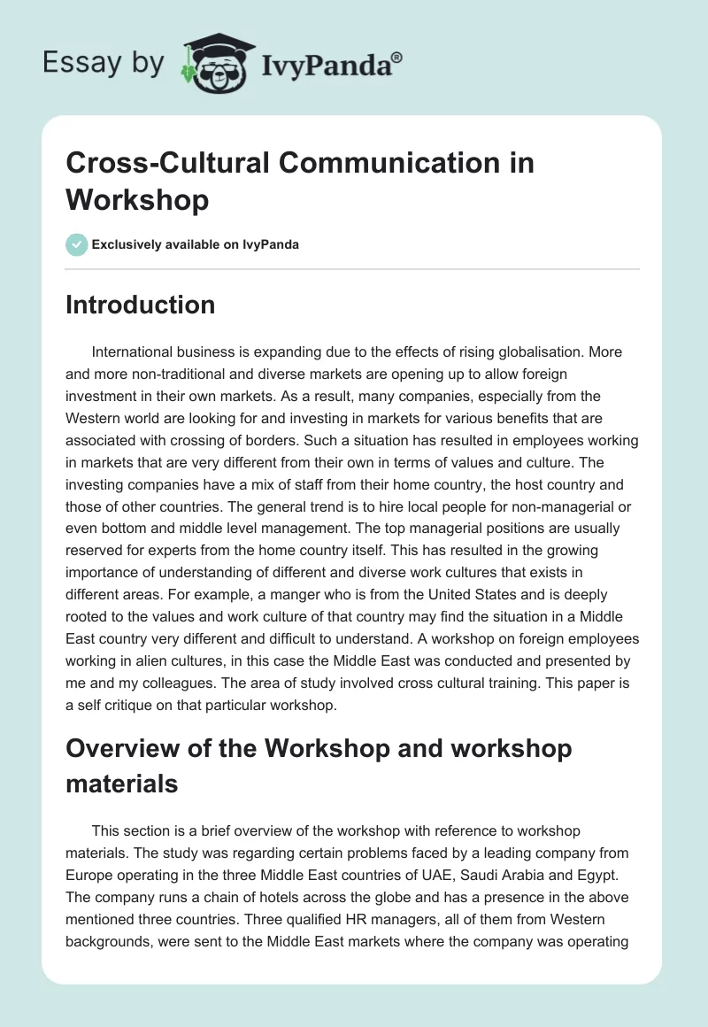 Cross-Cultural Communication in Workshop. Page 1