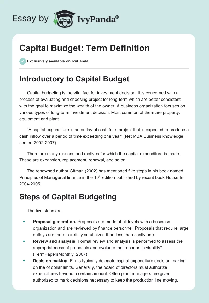 Capital Budget: Term Definition. Page 1