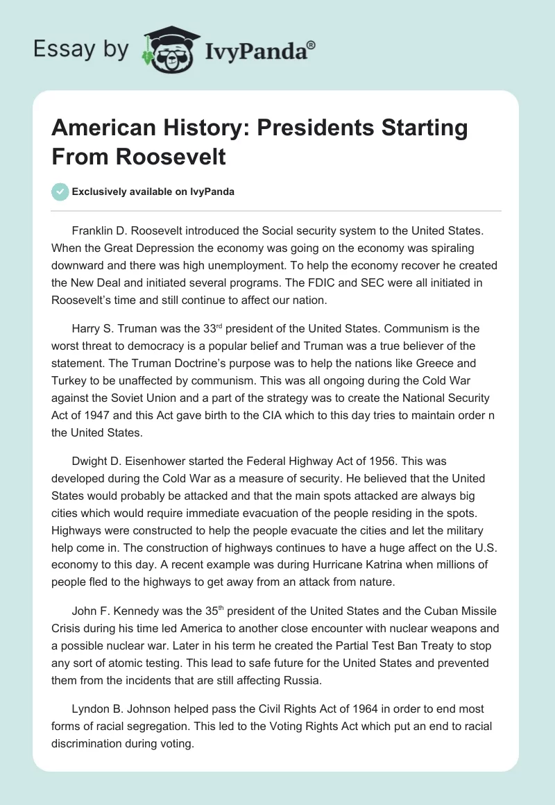 American History: Presidents Starting From Roosevelt. Page 1